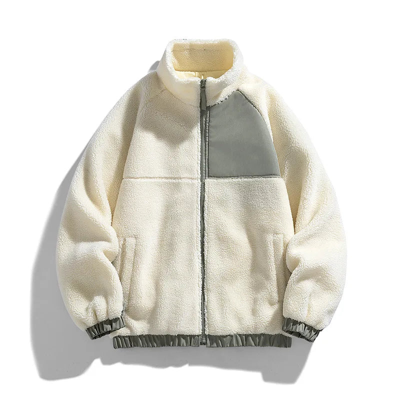 White fleece jacket with gray accents on a white background