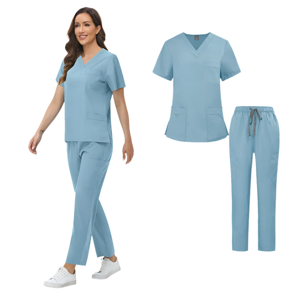 Unisex Medical Scrubs Set: Short Sleeve V-Neck Top & Pants Workwear