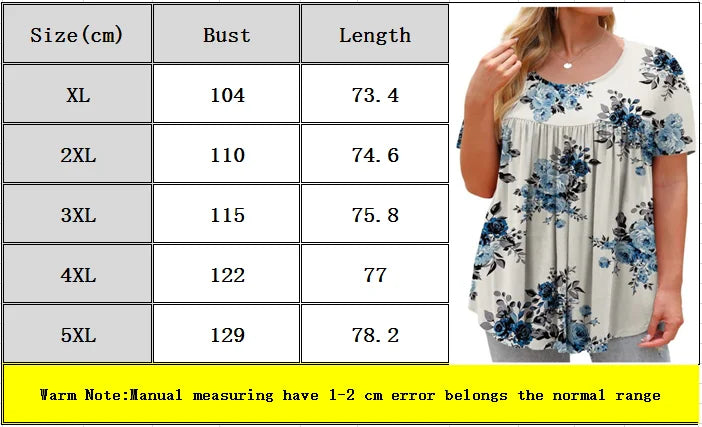 Plus Size 5XL Floral 3D Print T-Shirt - Loose Fit Summer Top Chart