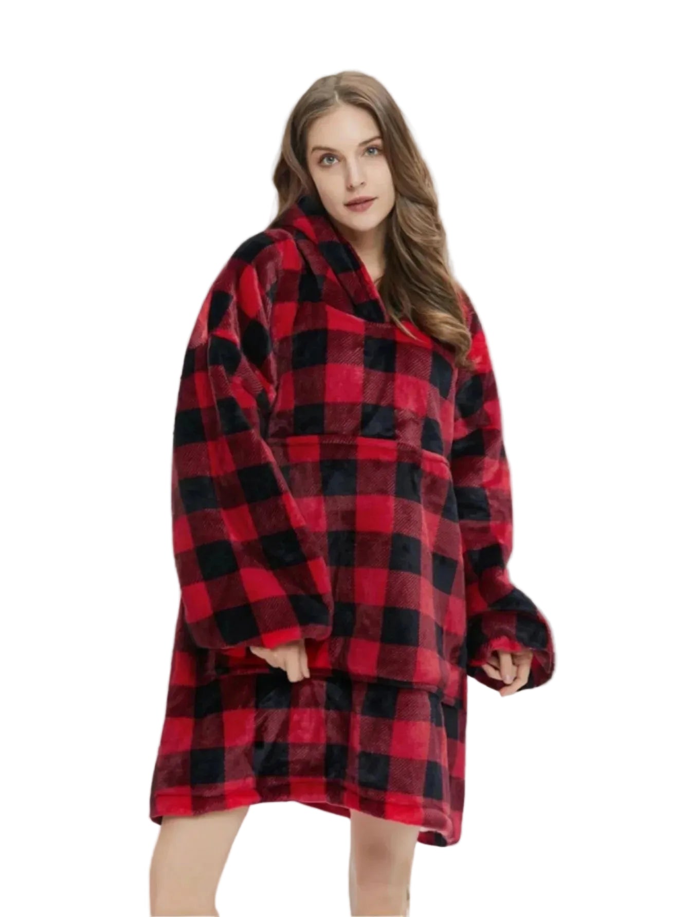 Woman wearing a red and black checkered robe in a bedroom setting.