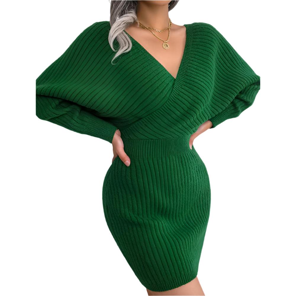 Autumn Winter V-Neck Knitted Wrap Dress – Slim Fit Mini for Casual Elegance - JVMCL