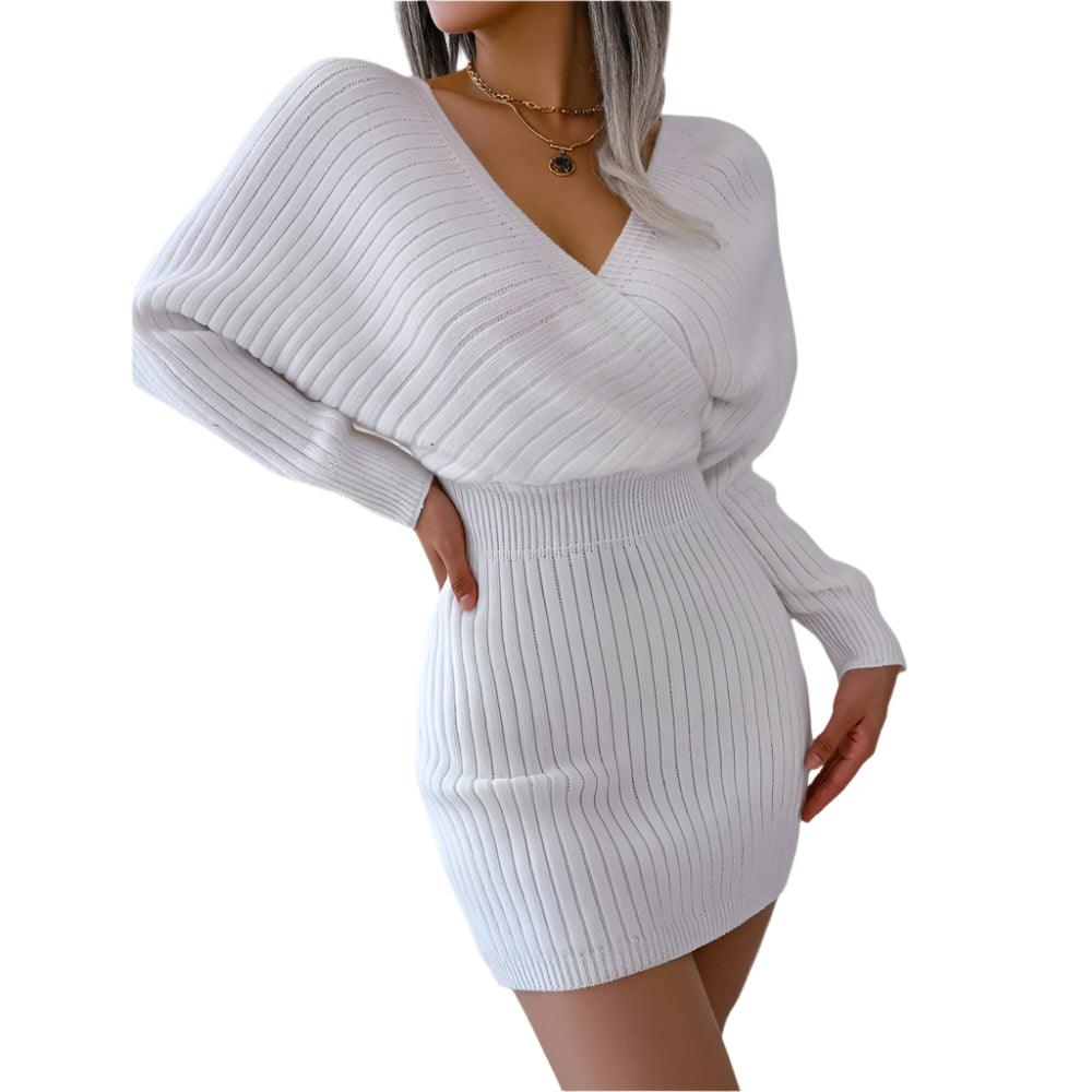 Autumn Winter V-Neck Knitted Wrap Dress – Slim Fit Mini for Casual Elegance - JVMCL