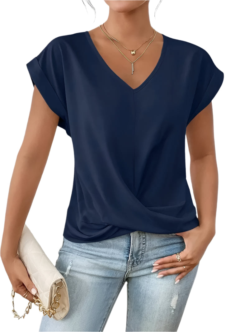 Fashion Pleated Hem V-Neck Tee – Women’s Summer Casual Office Top