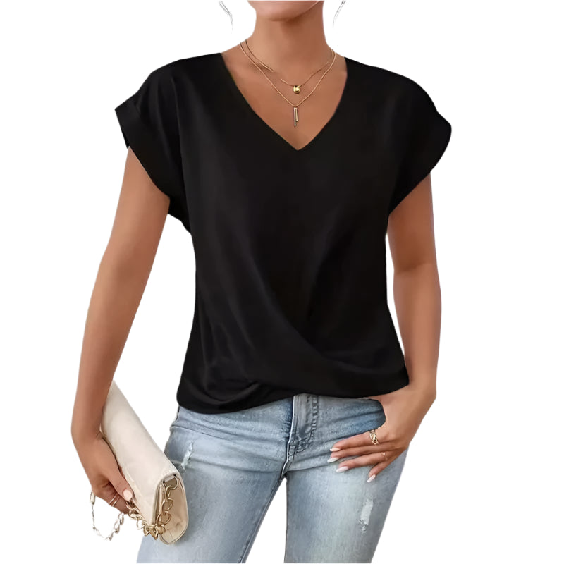 Fashion Pleated Hem V-Neck Tee – Women’s Summer Casual Office Top