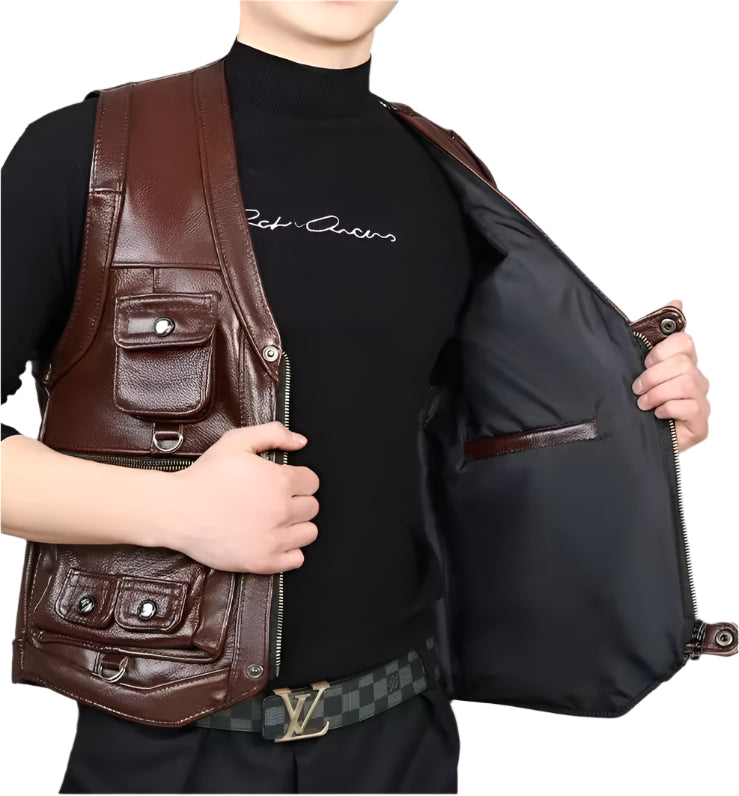 Men's Cowhide Genuine Leather Vest - Thick Motorcycle Biker Waistcoat
