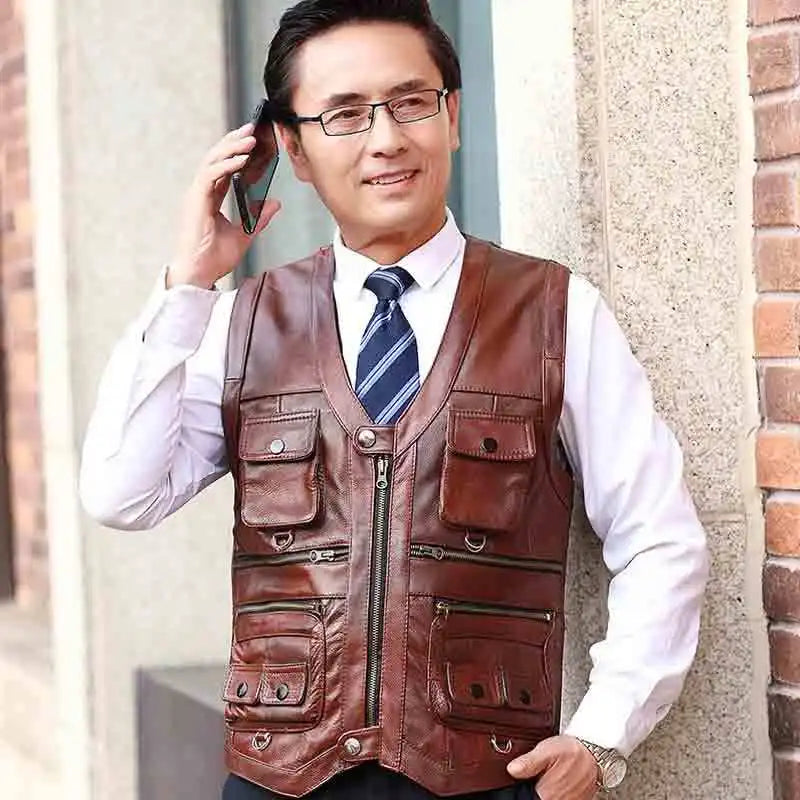 Men's Cowhide Genuine Leather Vest - Thick Motorcycle Biker Waistcoat