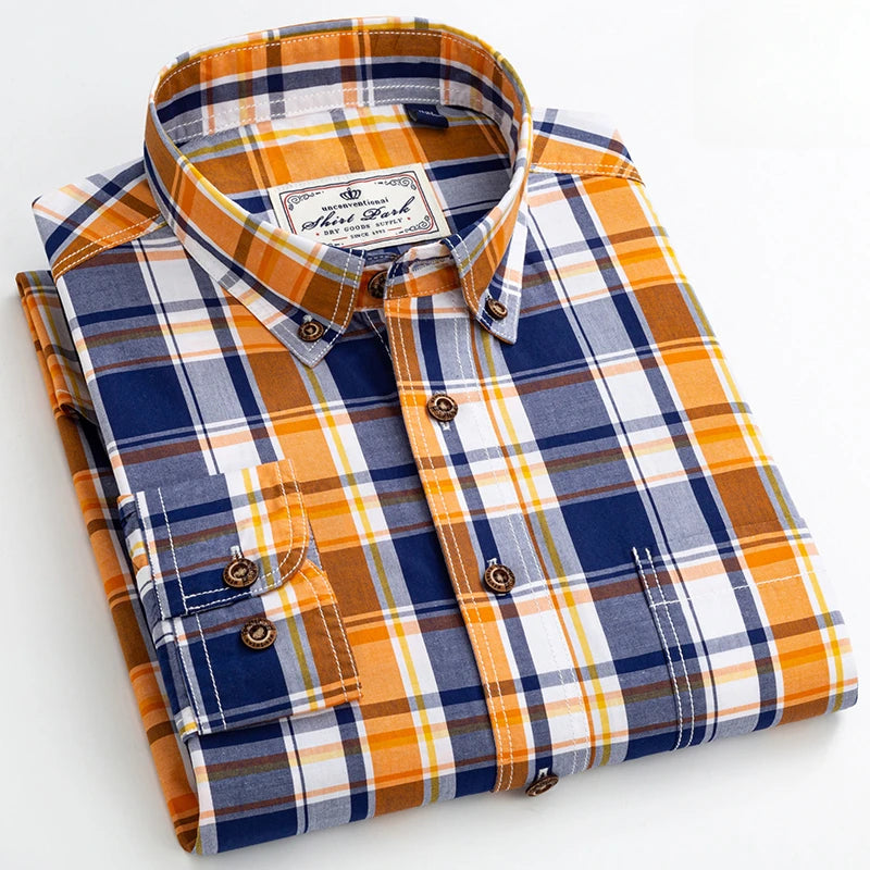 100% Cotton Slim Fit Plaid Shirt – Formal Long-Sleeve Office Casual Shirt for Men