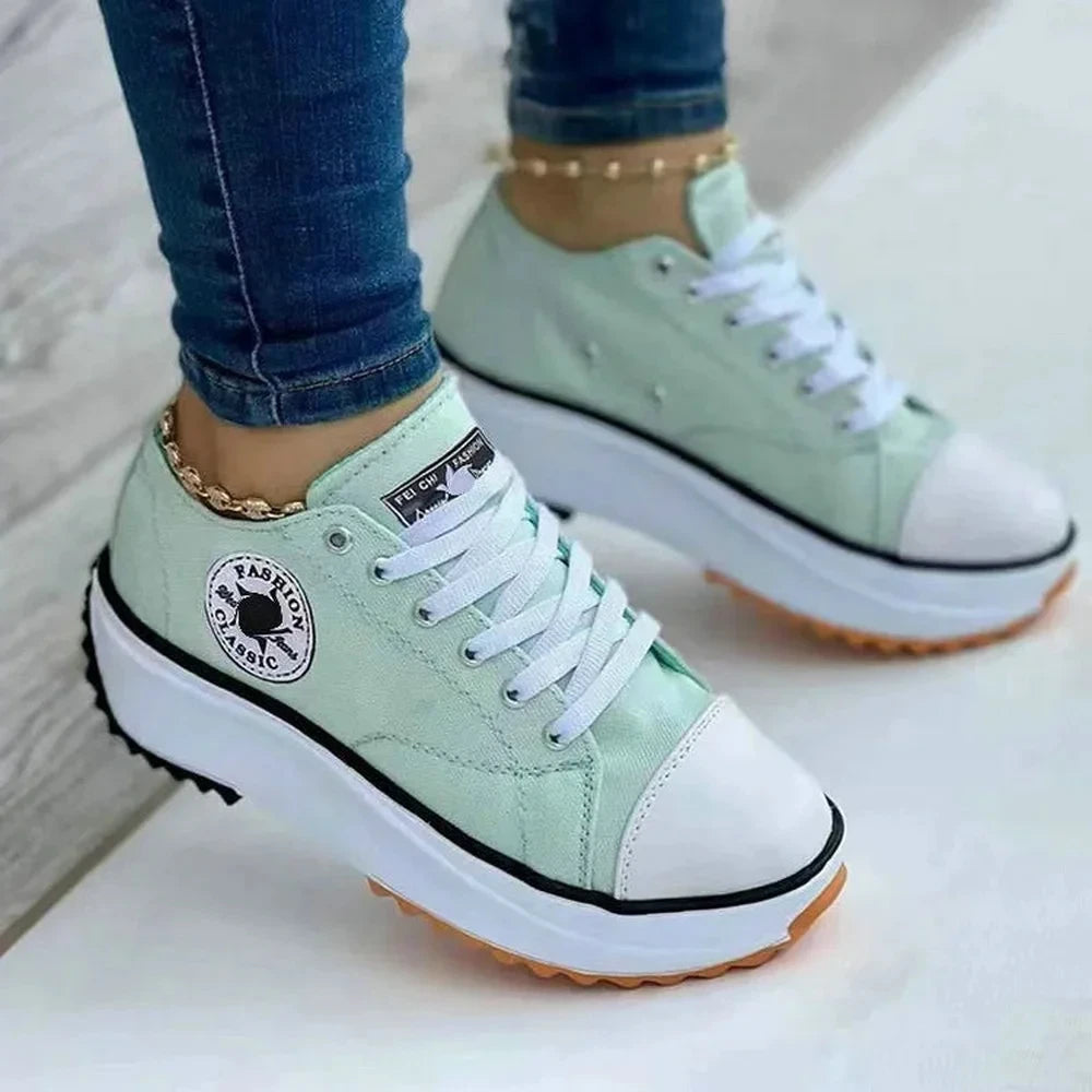 Women’s White Canvas Platform Sneakers – Casual Fashion Tennis Shoes