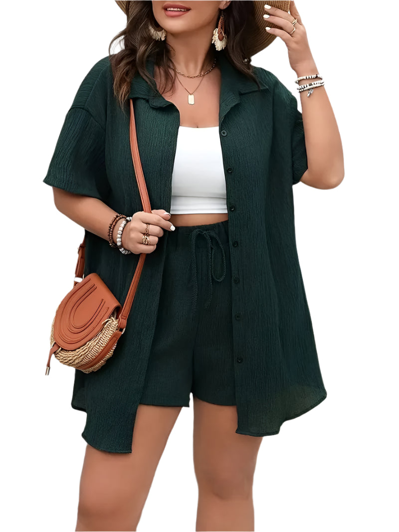 Plus Size Summer 2-Piece Outfit – Short Sleeve Shirt & Wide Leg Shorts