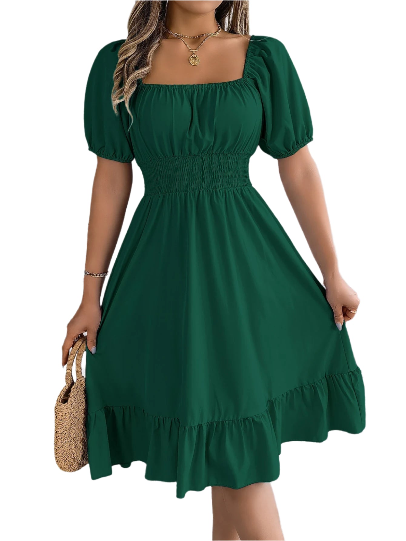 Elegant Square Neck Ruffled Dress – Spring Summer High Waist