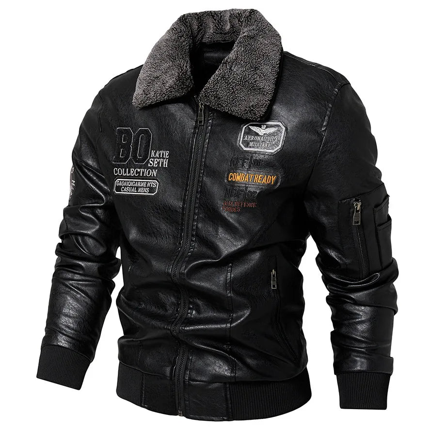 Men's Leather Bomber Jacket: Slim Fit Fur Collar Warm Pilot Coat