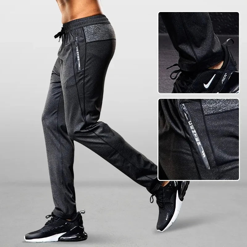 Black athletic pants with a close-up of a Nike sneaker on a gray background