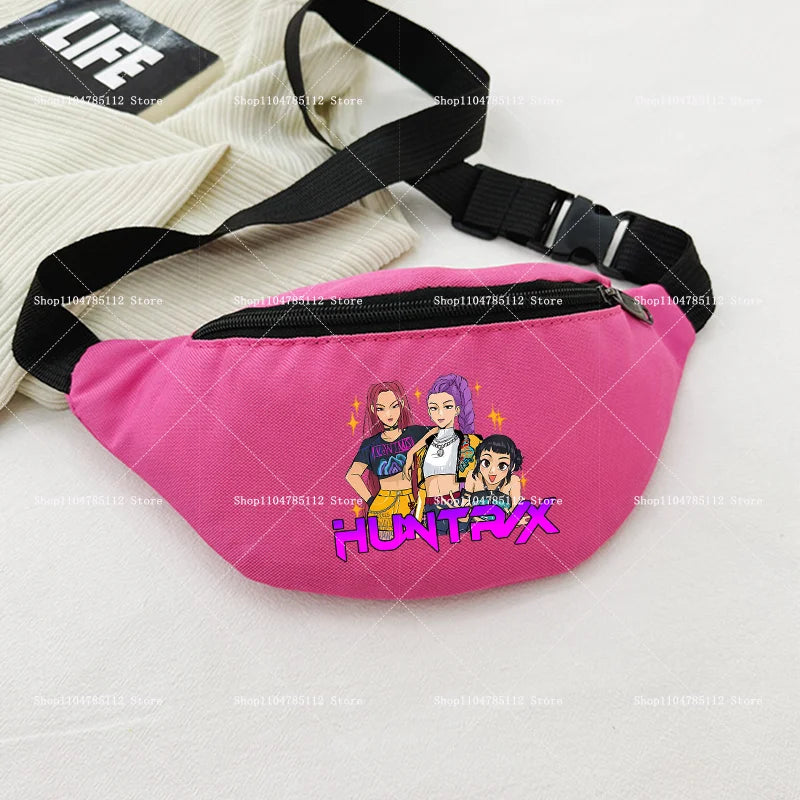 Pink waist bag with cartoon characters and 'HUNTRIX' text on a light gray background