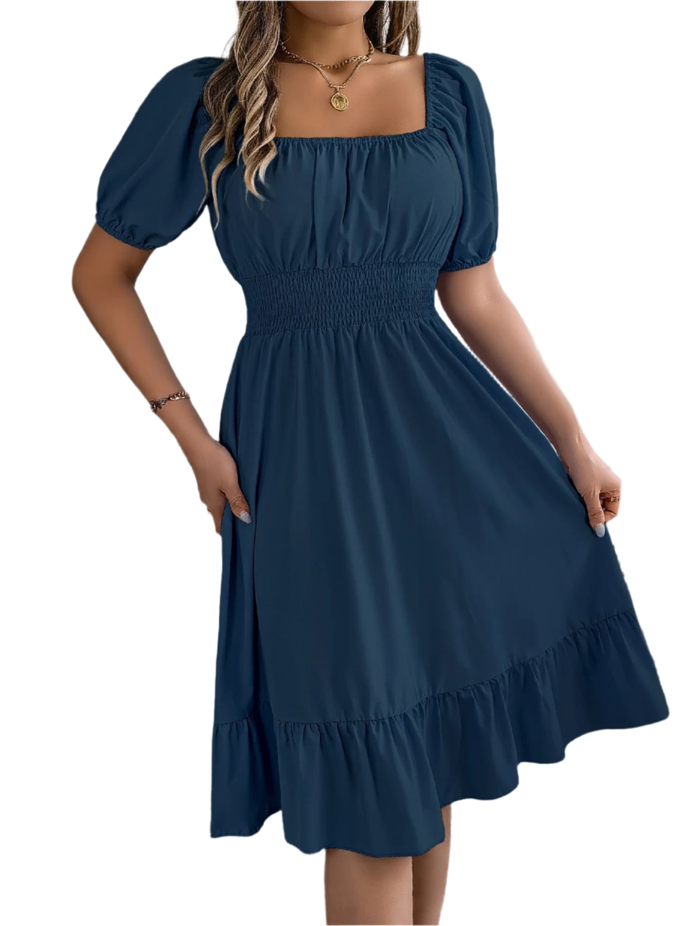 Elegant Square Neck Ruffled Dress – Spring Summer High Waist