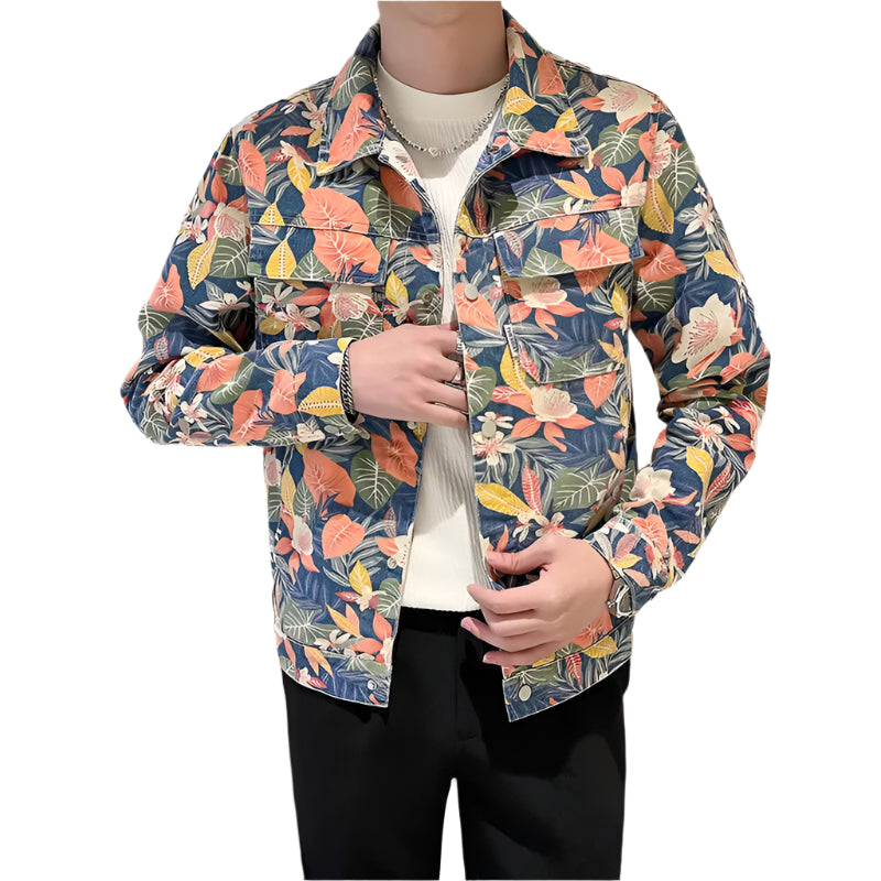 Men’s Blue Denim Jacket | Printed Trim Casual Coat M–4XL Sizes