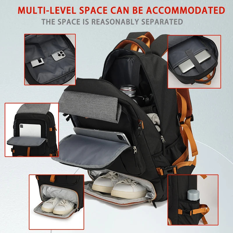 Multifunctional backpack with various compartments and items on a light gray background