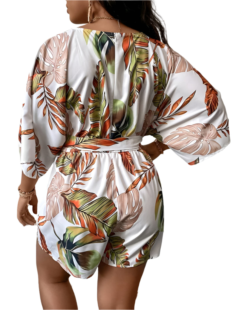 Plus Size Tropical Print Jumpsuit - Belted V-Neck Summer Romper