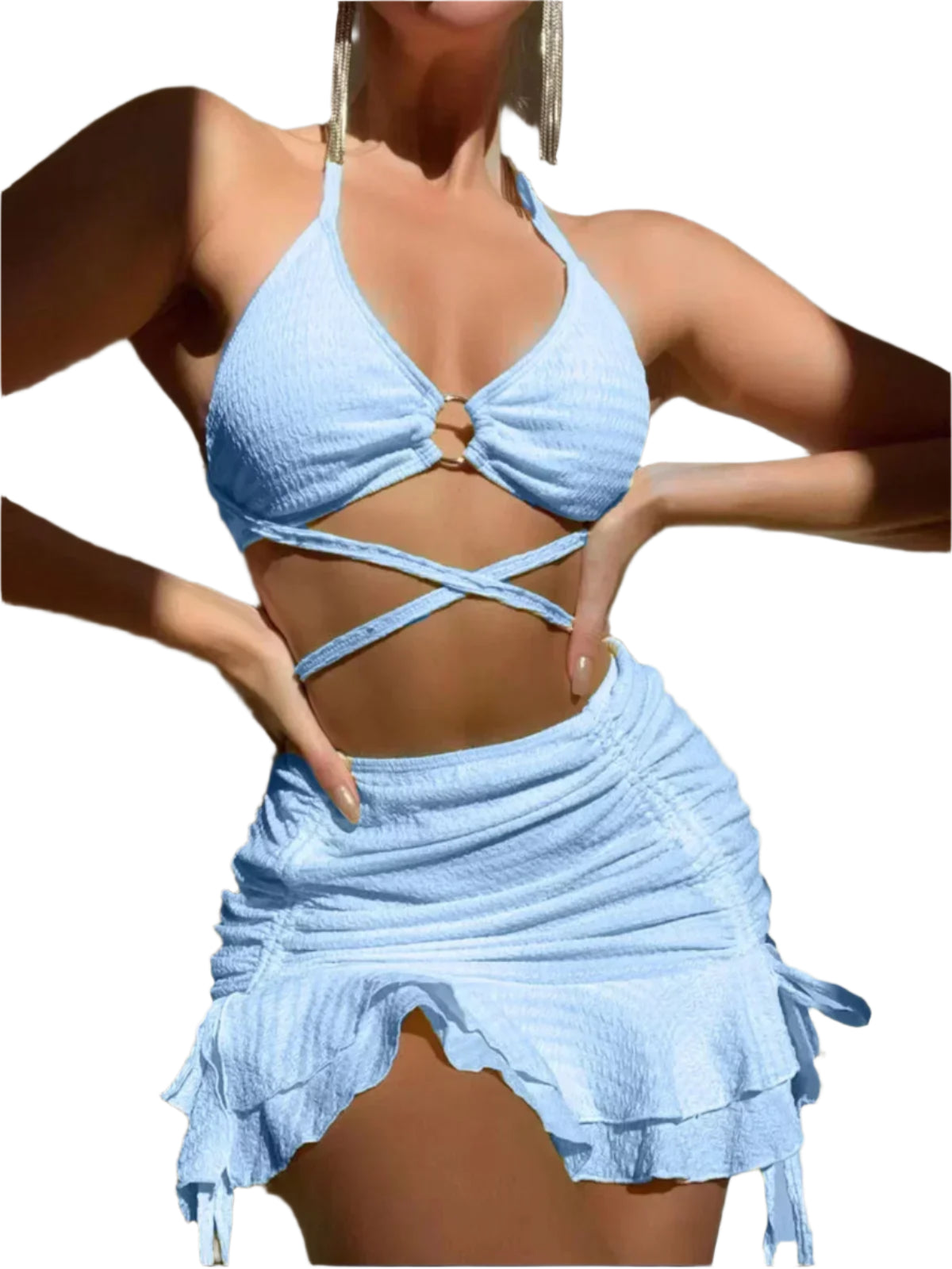 3PC Halter Ring Linked Criss Cross Swimsuit