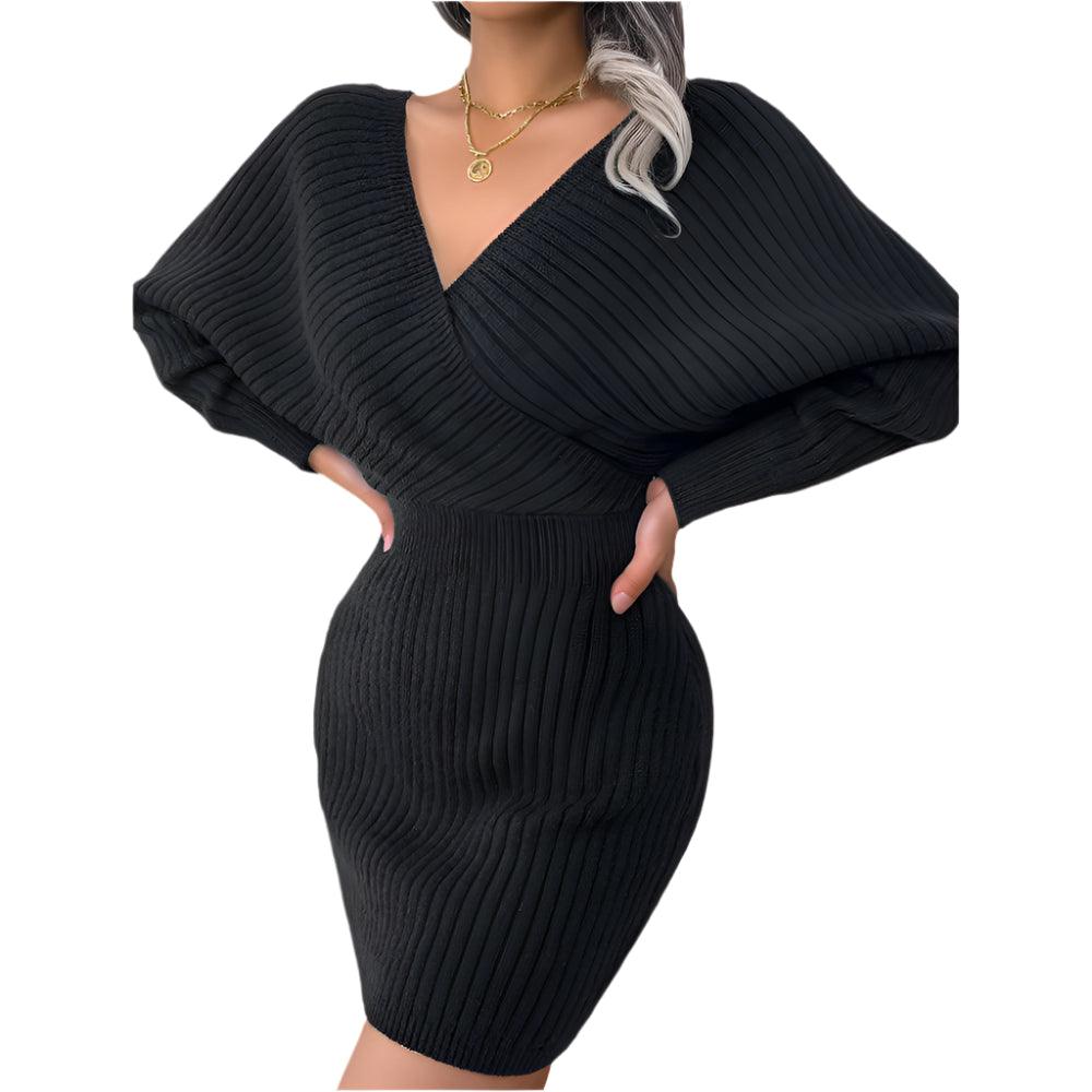 Autumn Winter V-Neck Knitted Wrap Dress – Slim Fit Mini for Casual Elegance - JVMCL
