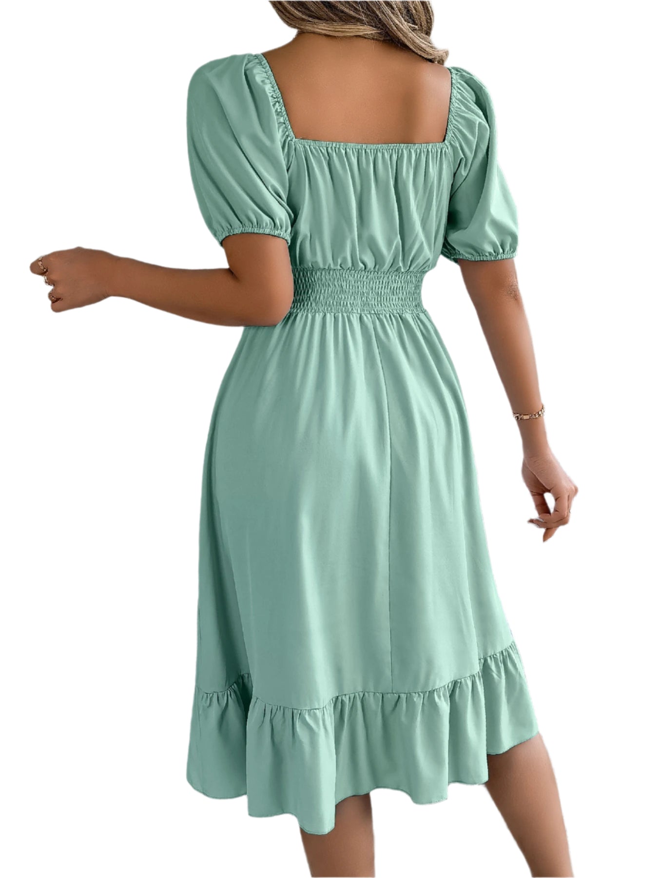 Elegant Square Neck Ruffled Dress – Spring Summer High Waist
