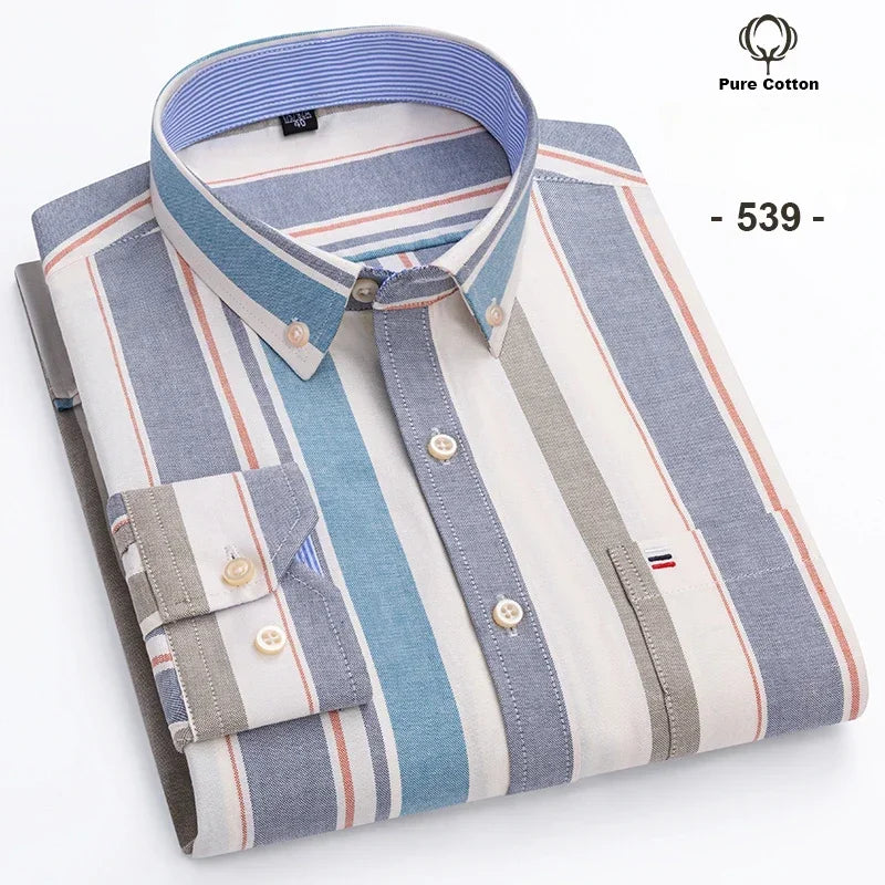 100% Cotton Oxford Men's Shirt - Plaid & Stripe Spring/Autumn Styles