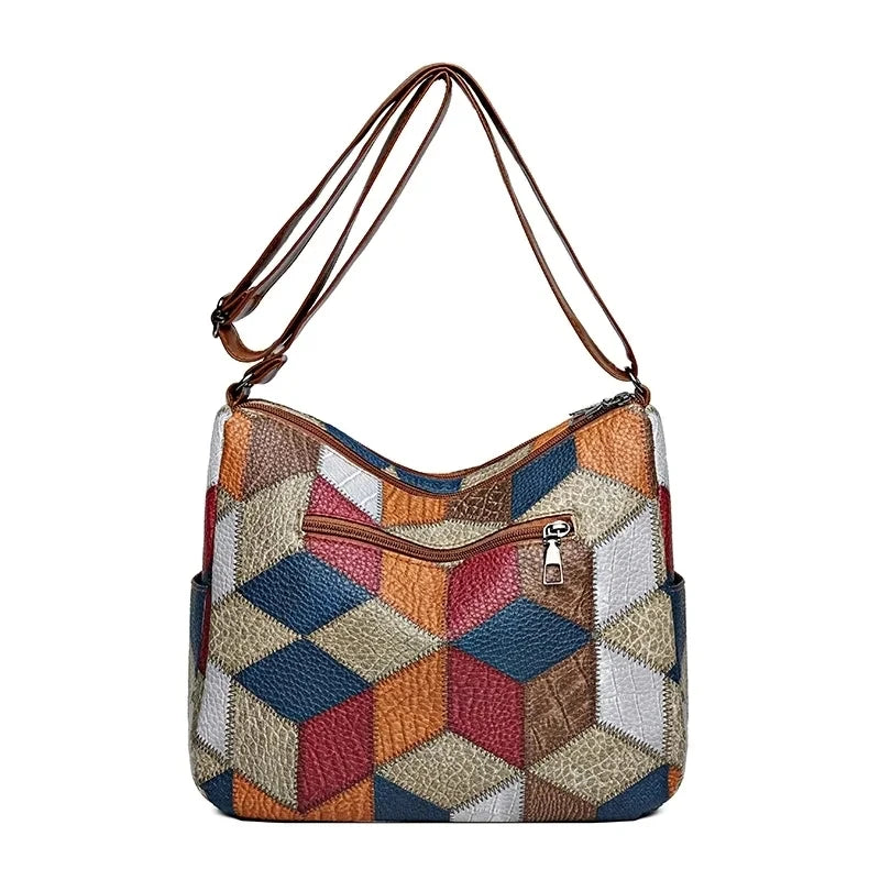 Women's Elegant Vintage Crossbody Bag: Trendy Patchwork Handbag