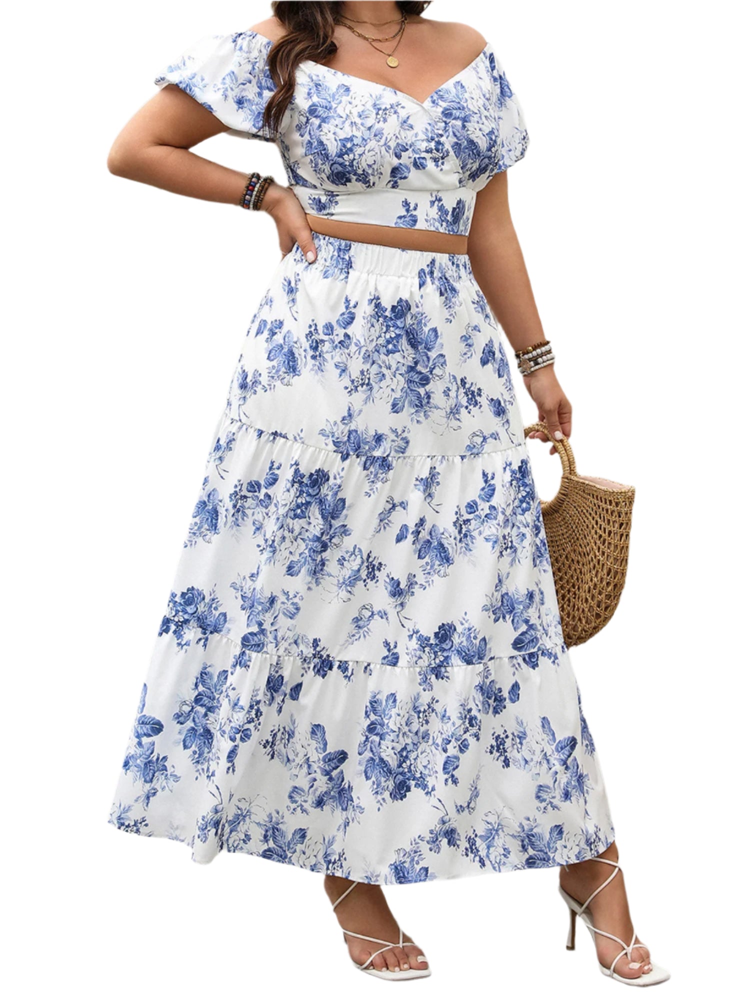 Plus Size Outfit: Elegant Floral Print Top & Long Skirt Set