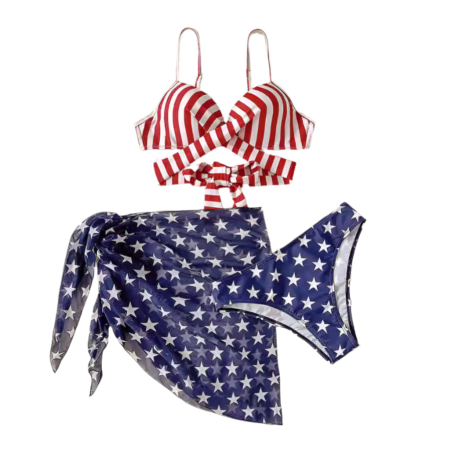 Women's 4th of July Bikini Set – 3-Piece Striped Shorts & Skirt Cover-Up