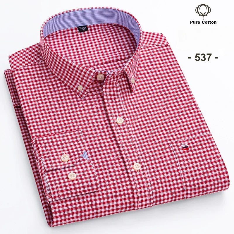 100% Cotton Oxford Men's Shirt - Plaid & Stripe Spring/Autumn Styles