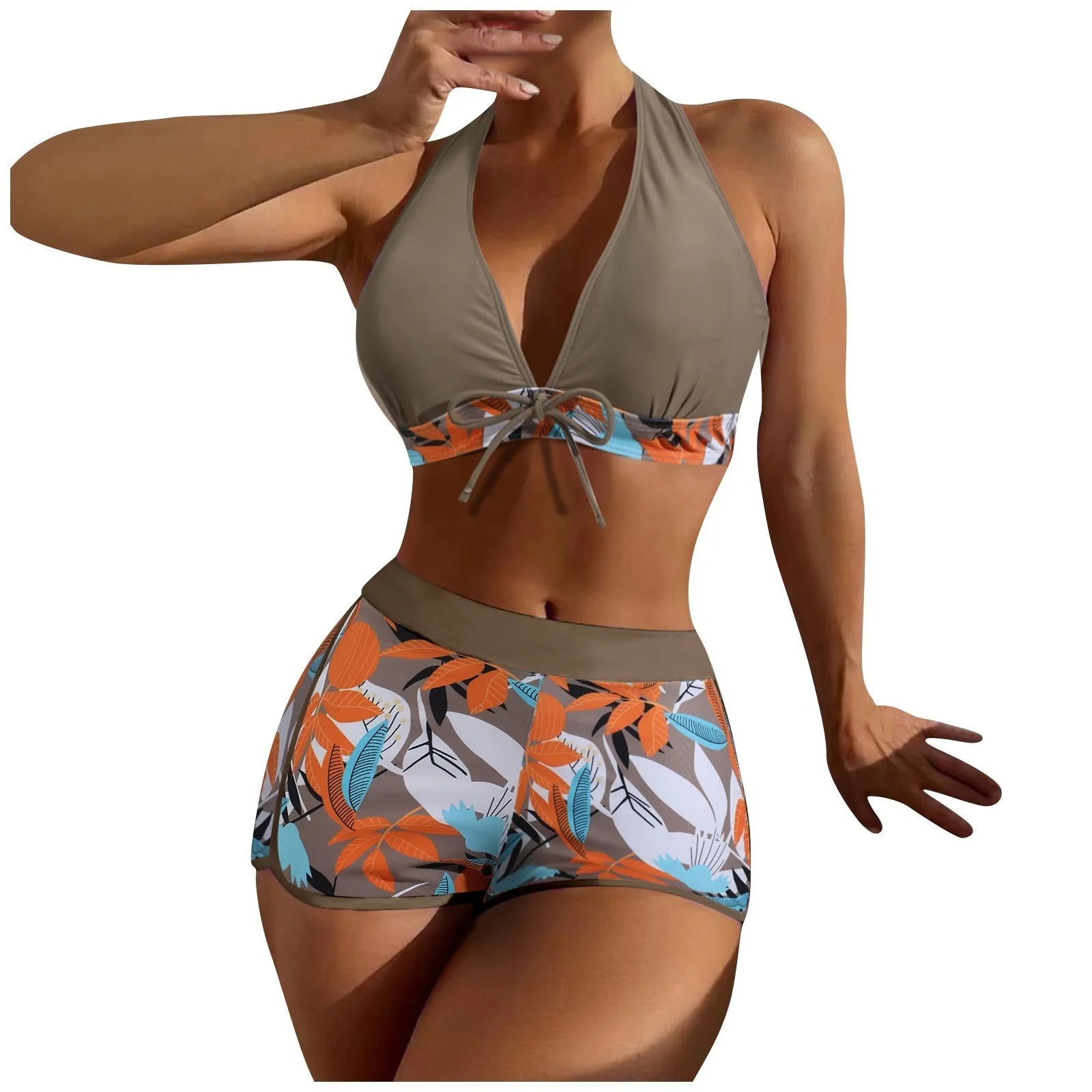 High Waist Plant Print Bikini Set – 2-Piece Swimwear for Women