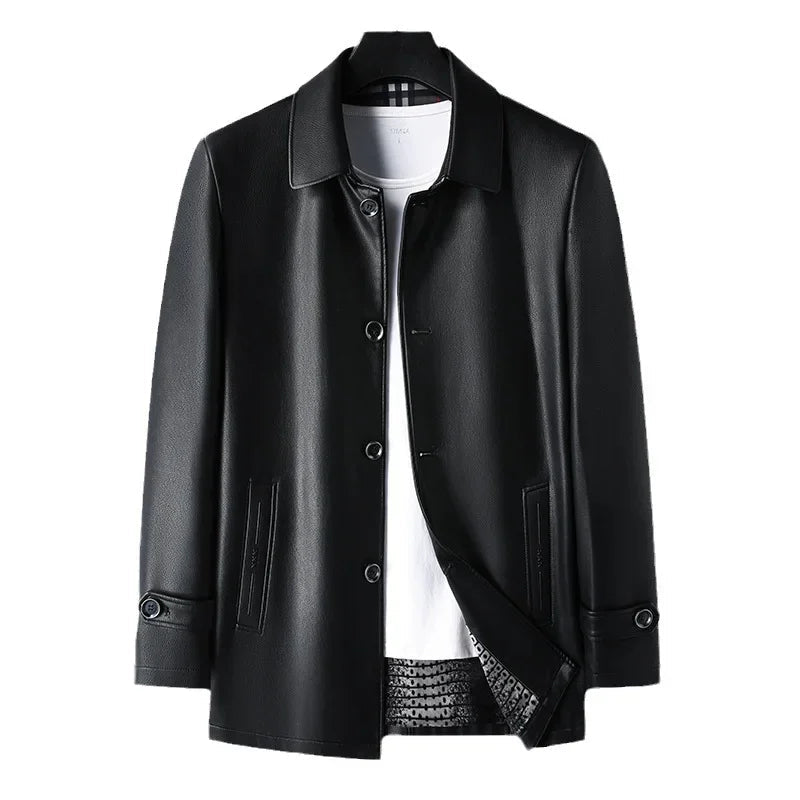 Classic Black Long Leather Jacket: Men's Warm Faux Fur Coat