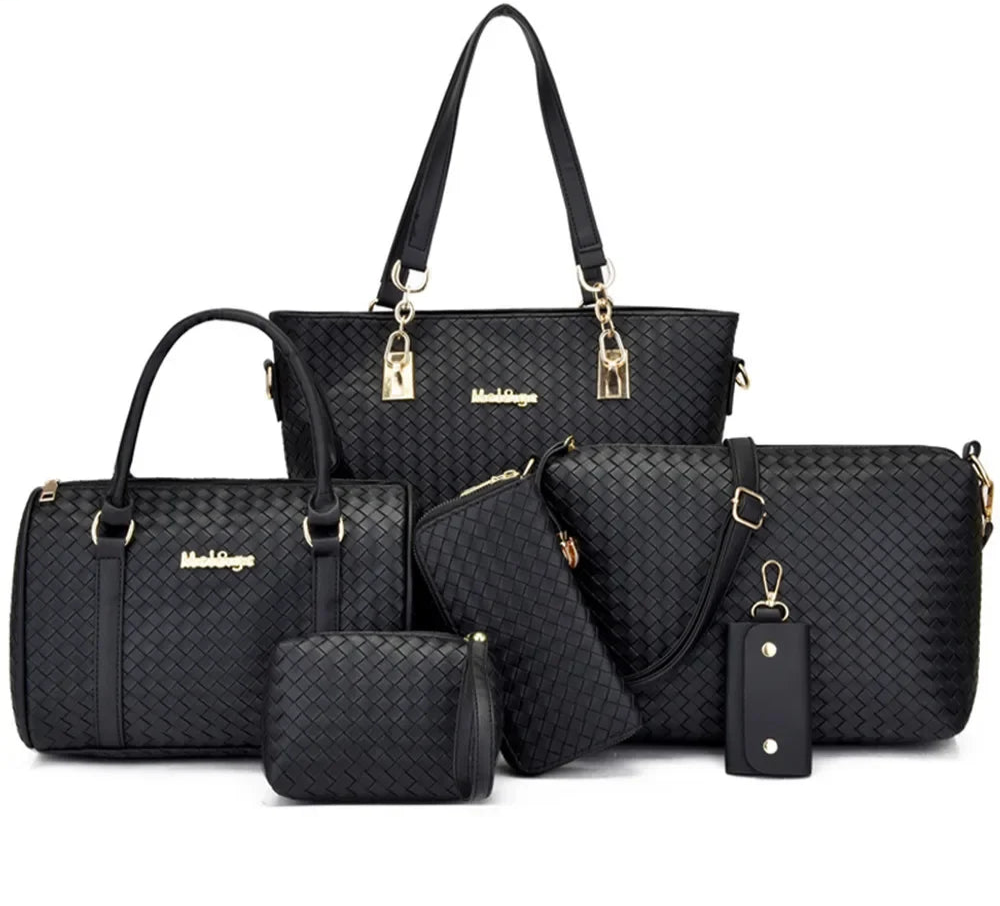 Libarrecy Fashion 6PC Handbag Set - Braid Shoulder Crossbody Tote