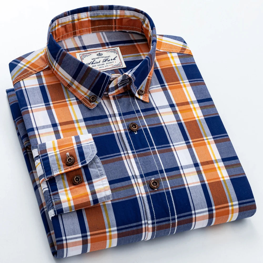 Men's England Style Plaid Shirt: 100% Cotton Checkered Button-Down