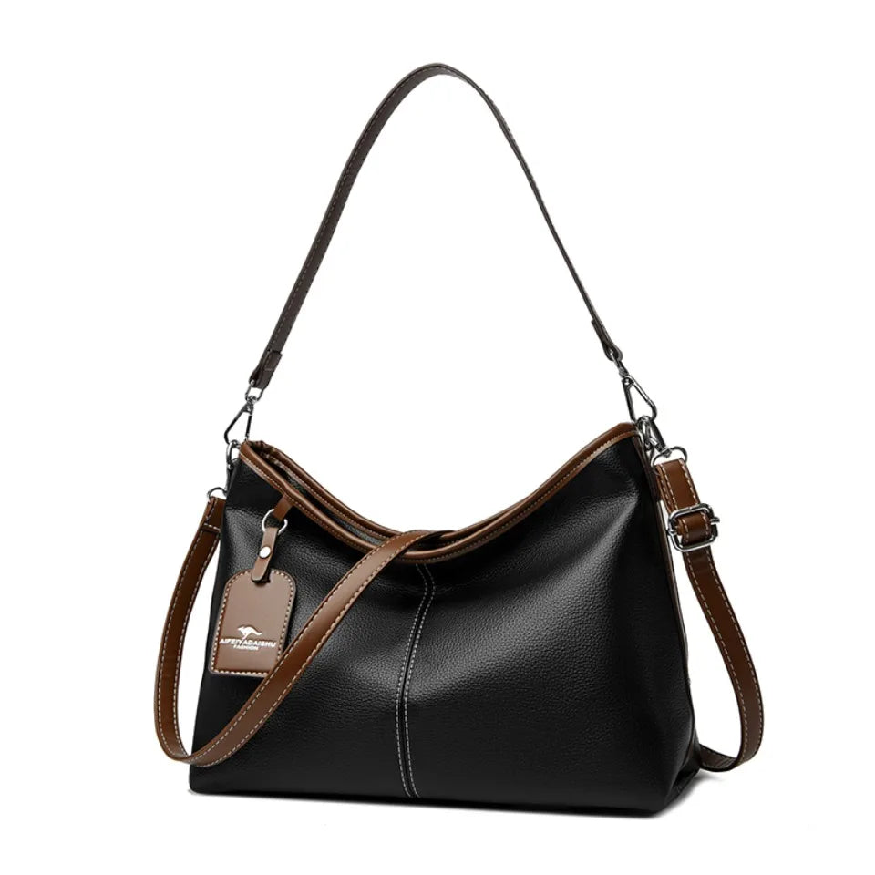 Soft PU Leather Shoulder Bag - Color Contrast Crossbody Tote for Women