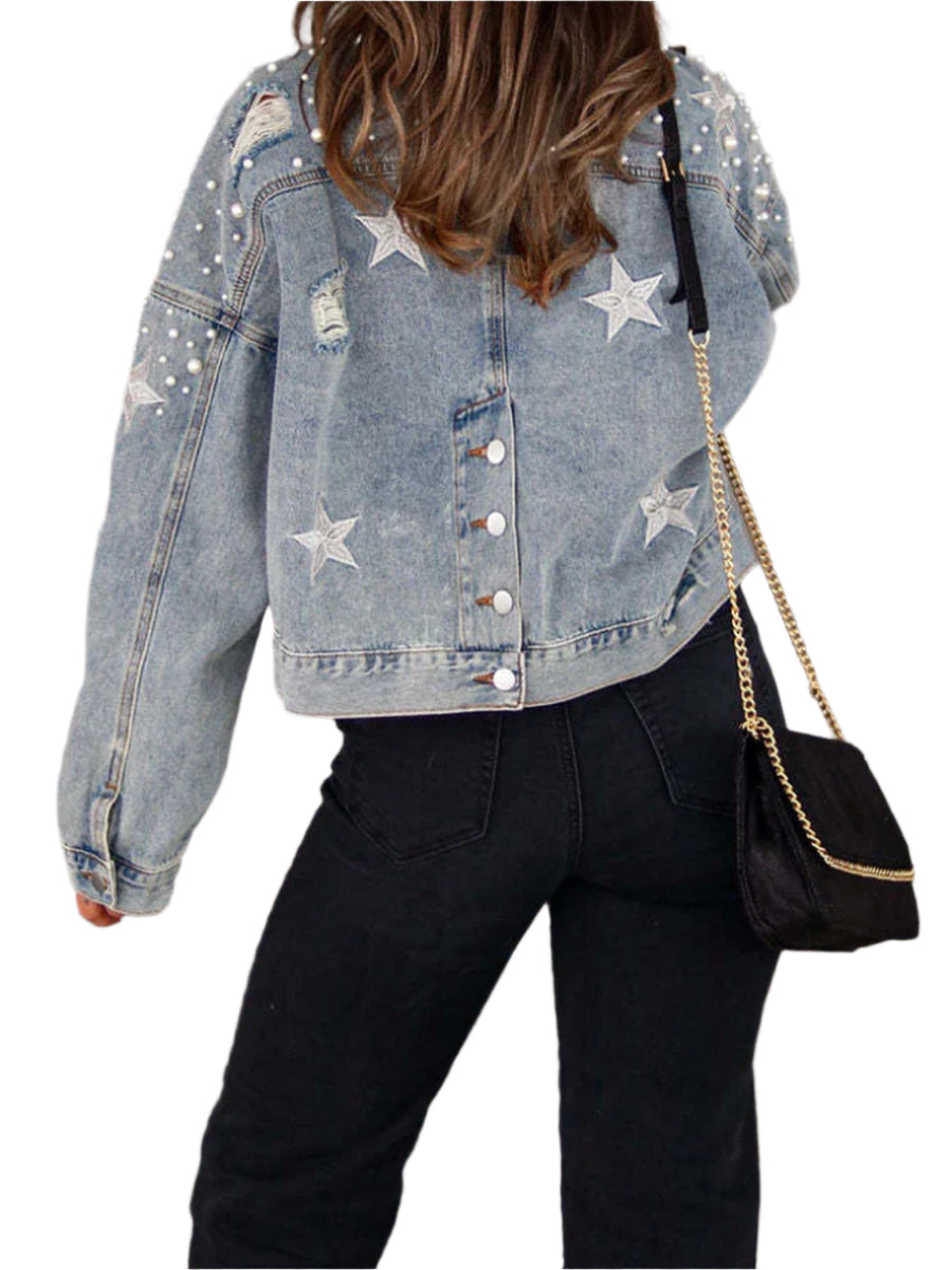 Women's Fall Denim Jacket - Star Print Back Long Sleeve Turn-Down Collar