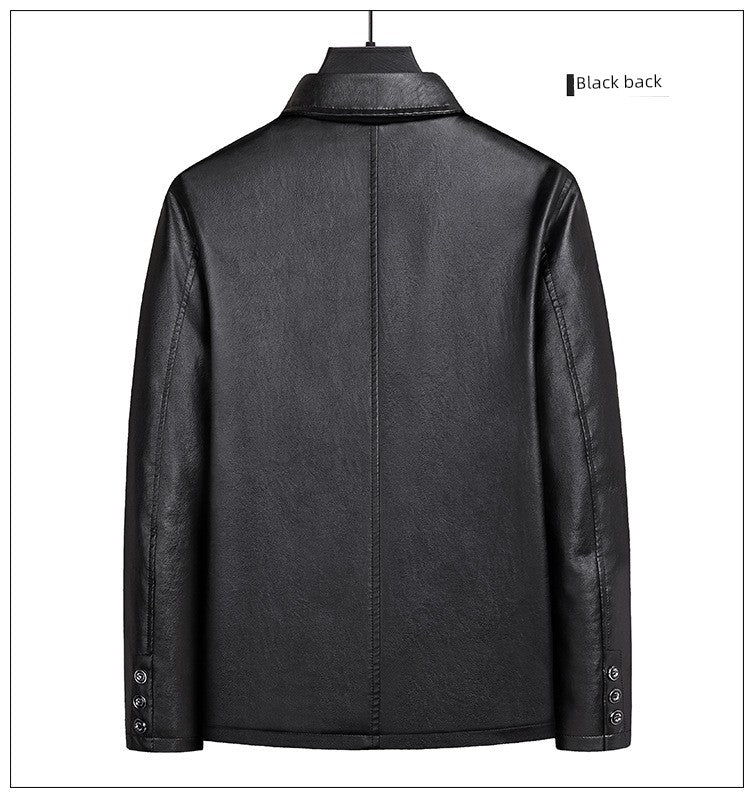Korean Fashion Men's Warm Lapel Leather Jacket - Solid Color