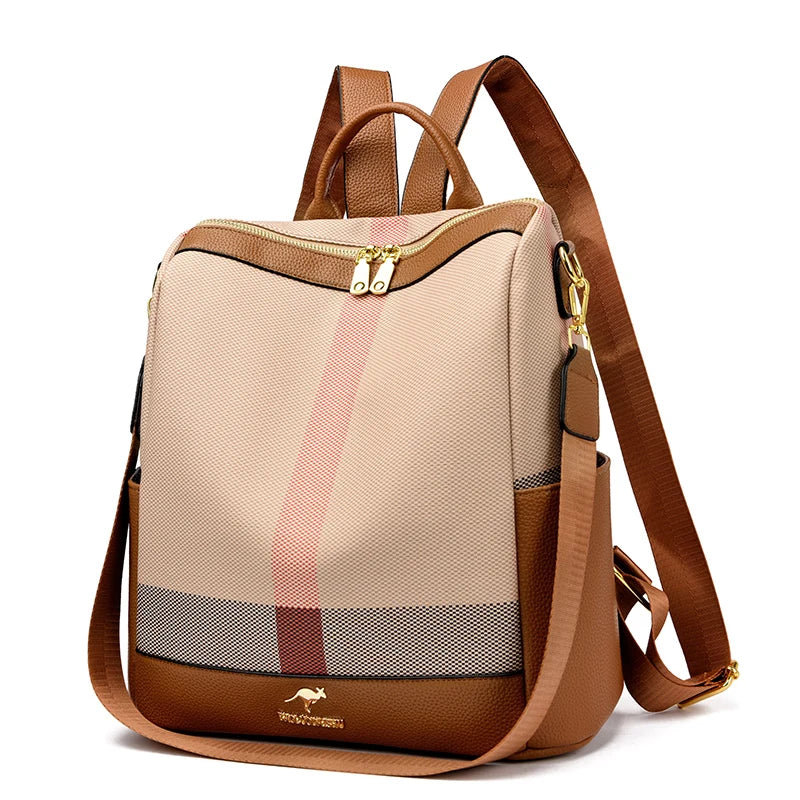 Beige and brown checkered backpack with kangaroo logo on a white background