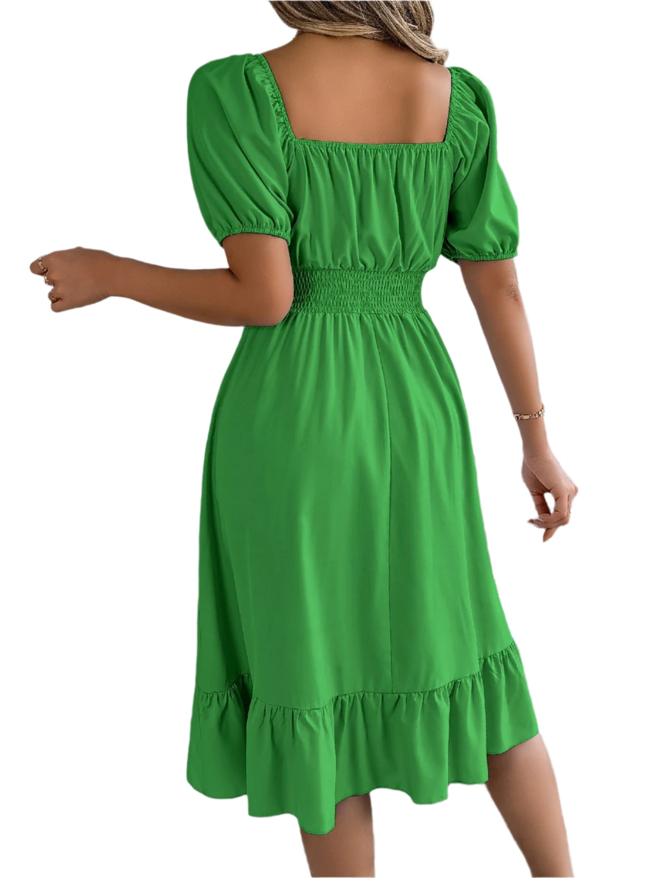 Elegant Square Neck Ruffled Dress – Spring Summer High Waist