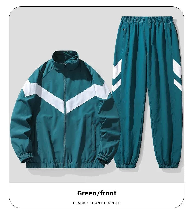 Green tracksuit with white stripes on a light gray background