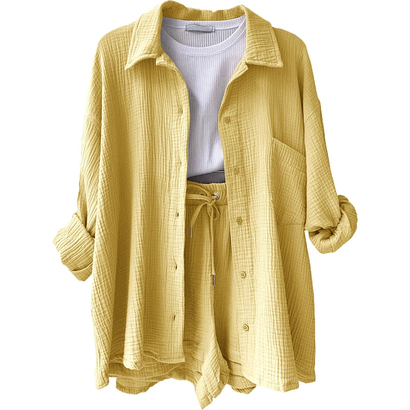 Women's Casual Shirt & Shorts Suit - Full Sleeve Spring/Summer Set