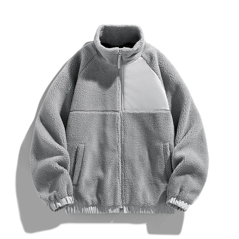 Gray fleece jacket with a high collar on a white background