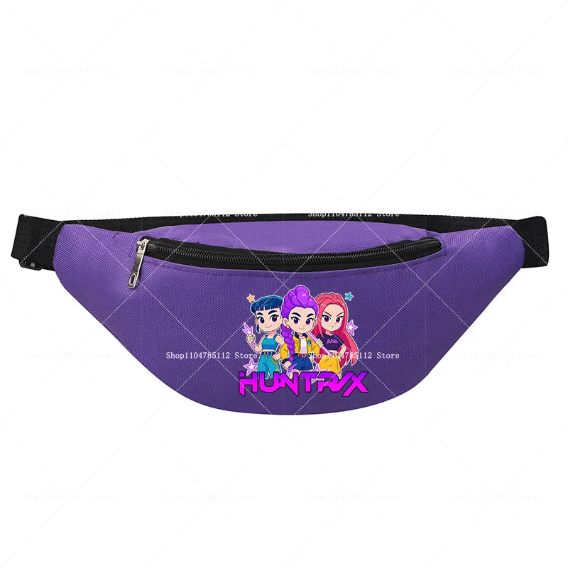 Purple fanny pack with cartoon characters and text on a white background
