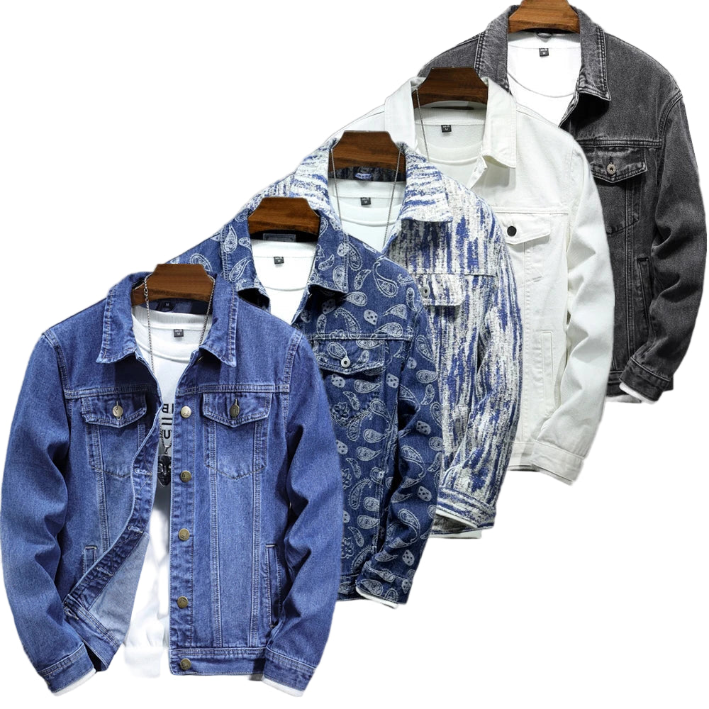 Collection of denim jackets in various styles on hangers against a white background.
