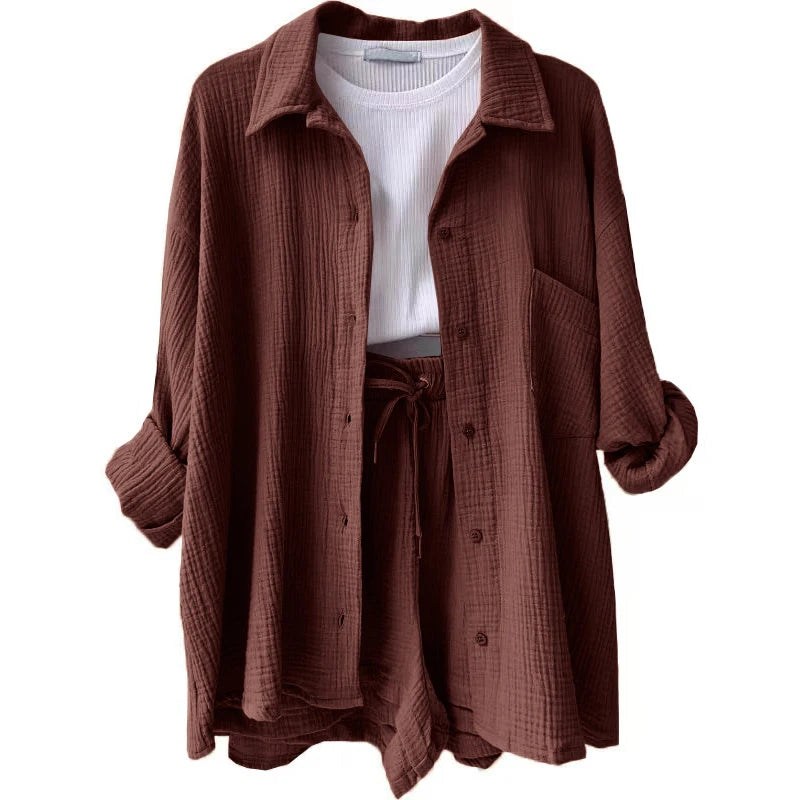 Women's Casual Shirt & Shorts Suit - Full Sleeve Spring/Summer Set