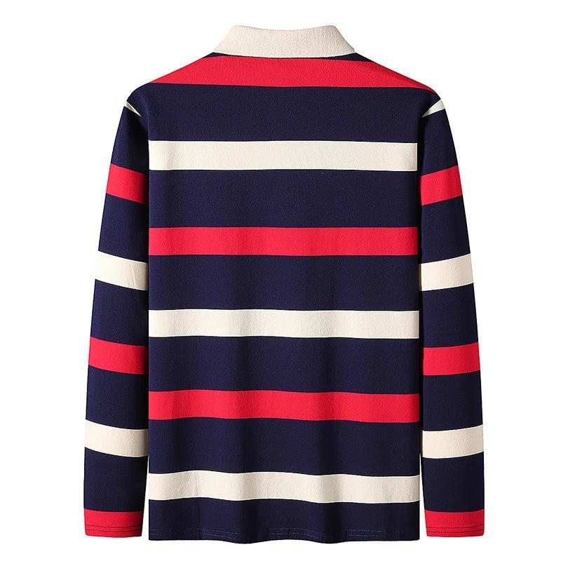 Men’s Cotton Long-Sleeve Striped Polo Shirt – Casual Business Fashion Sweater