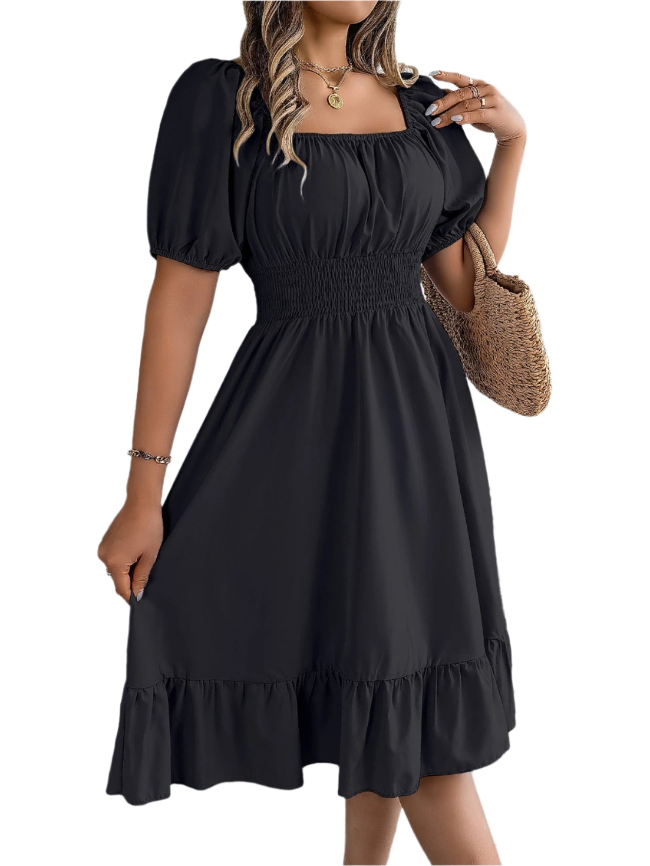 Elegant Square Neck Ruffled Dress – Spring Summer High Waist