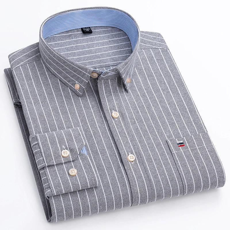 100% Cotton Oxford Men's Shirt - Plaid & Stripe Spring/Autumn Styles