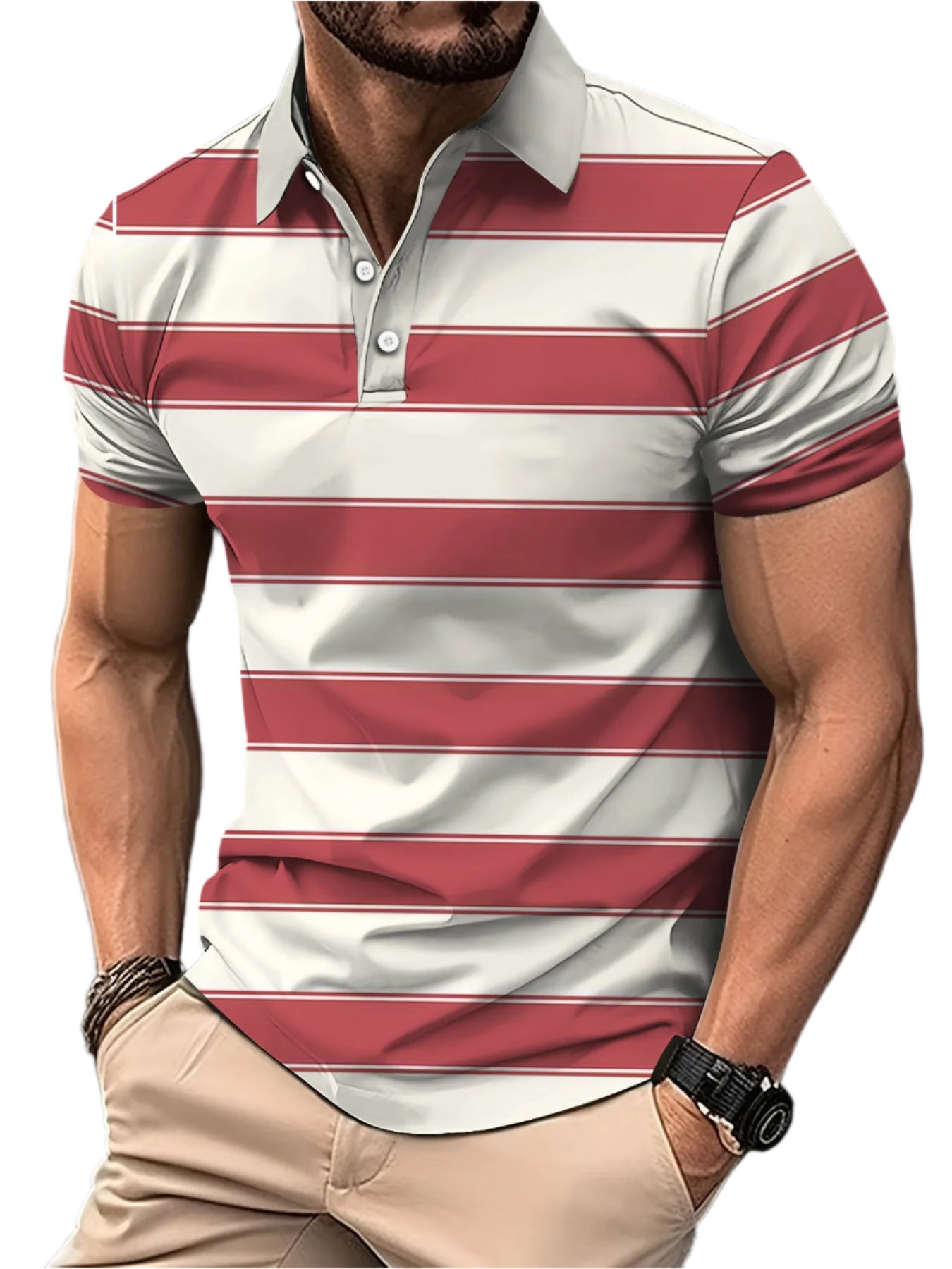 Men’s 3D Digital Print Striped Polo – Casual Oversized Top