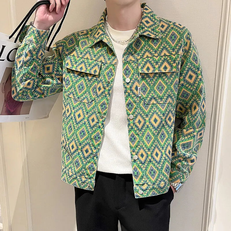 Men’s Blue Denim Jacket | Printed Trim Casual Coat M–4XL Sizes