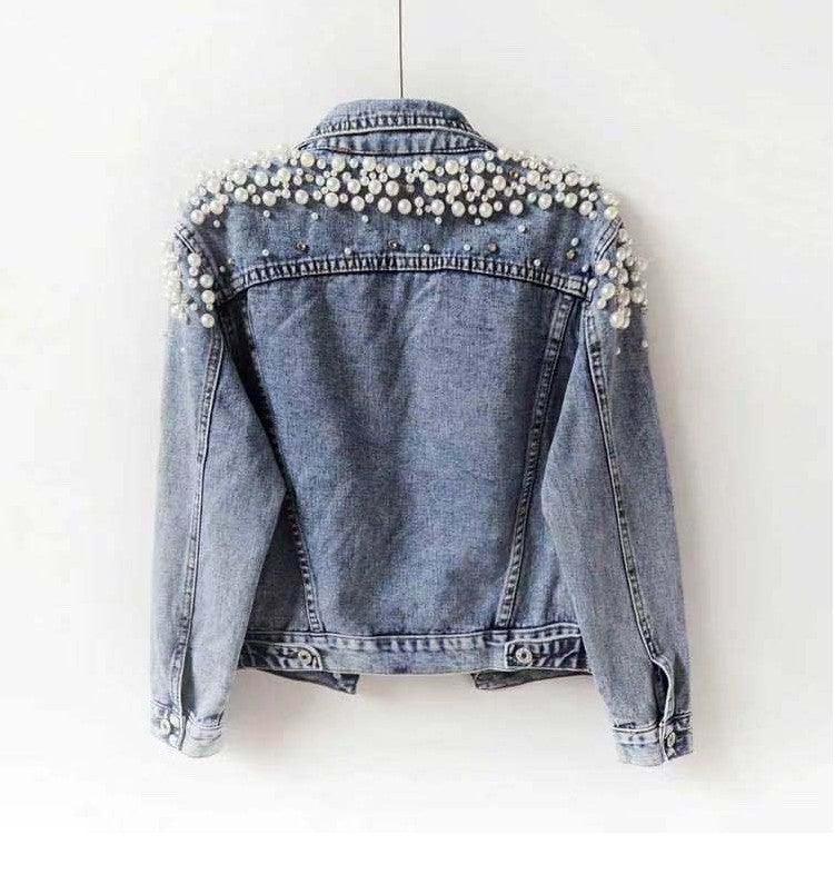 Women's Pearl Denim Coat – Stylish Y2K Punk Gothic Bomber Jacket